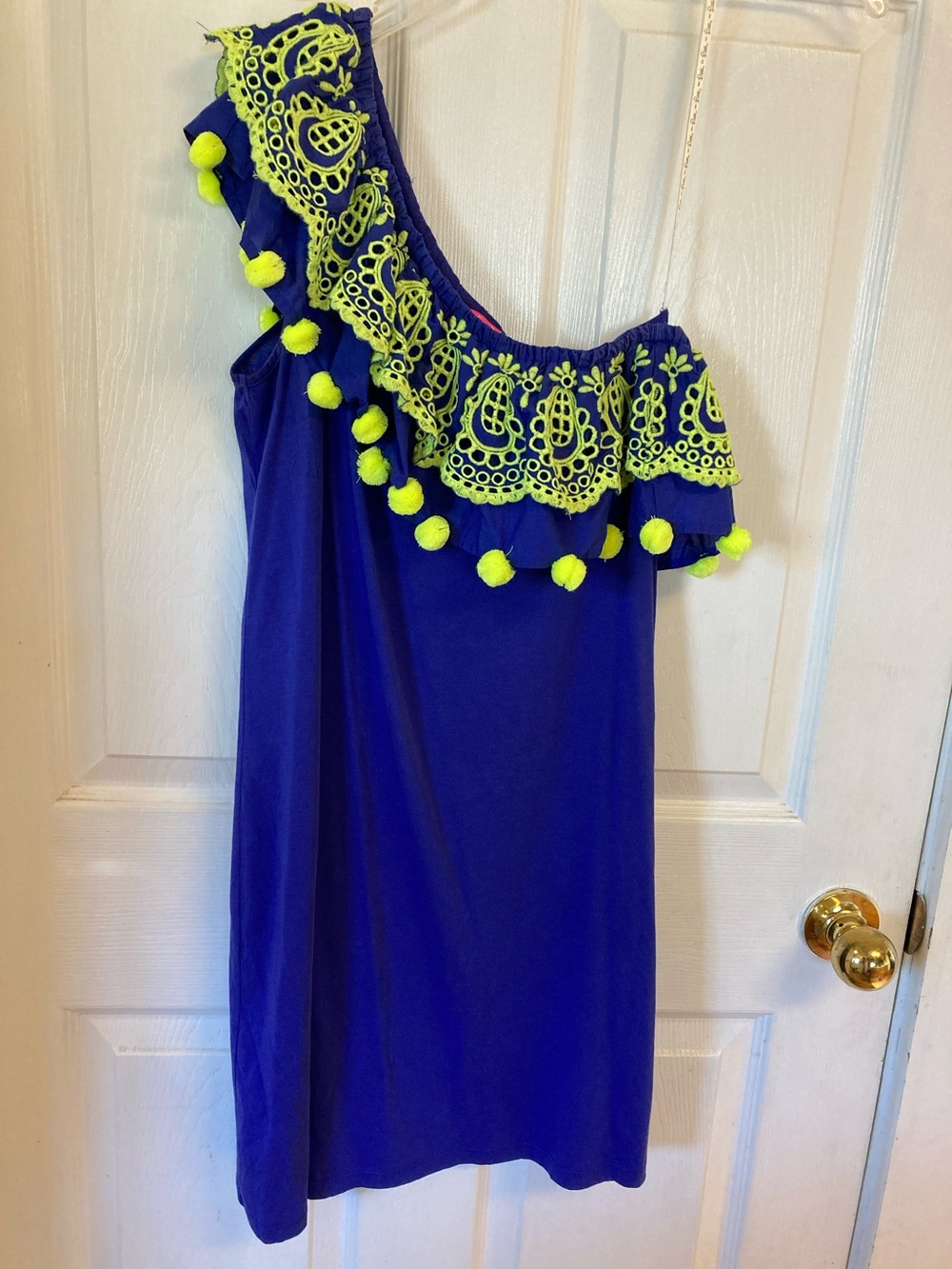 Lilly Pulitzer Royal Blue One-Shoulder Dress with Neon Yellow Trim